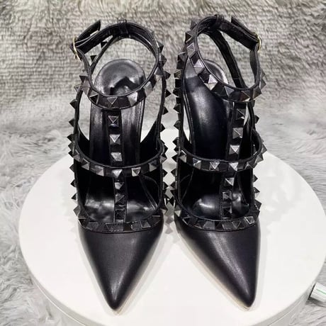 【ヒール高さ2種類】ブラックスタッズ パンプス