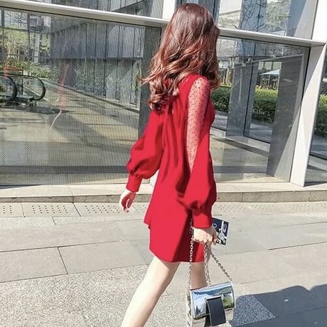 シフォンスリーブ ドットレースワンピース 2色展開