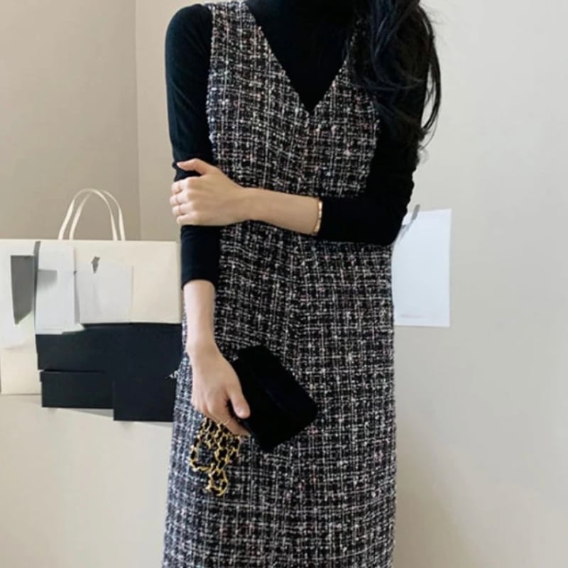 ダーマコレクション：美品【ファンシーツイード（ラメ）】セミロング•ワンピース ダーマコレクション：美品【ファンシーツイード（ラメ