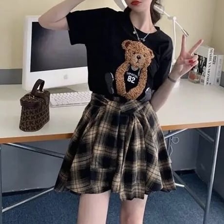 【別売りあり】ベアーTシャツ チェックタイスカートセット