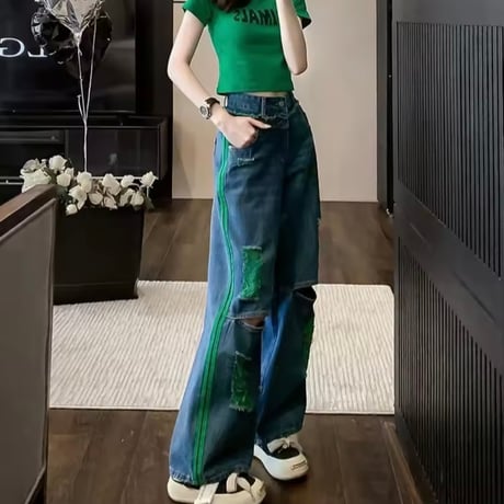 グリーンラインウォッシュデニムパンツ