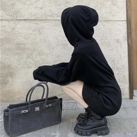 ブラックフーディ タイトスウェットワンピース