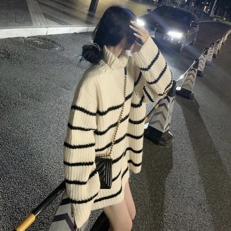 タートルネック ボーダールーズニット 2色展開