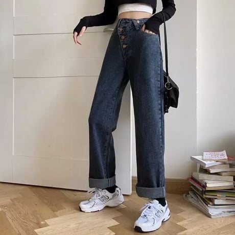 【Sサイズ即納】アシメボタン ストレートデニムパンツ