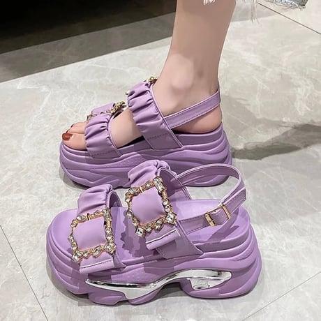 ウェーブシルバー ギャザーストーンサンダル 4色展開
