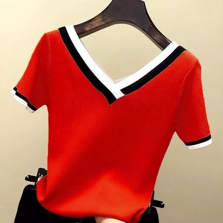 Vネック ラインサマーニットトップス 5色展開