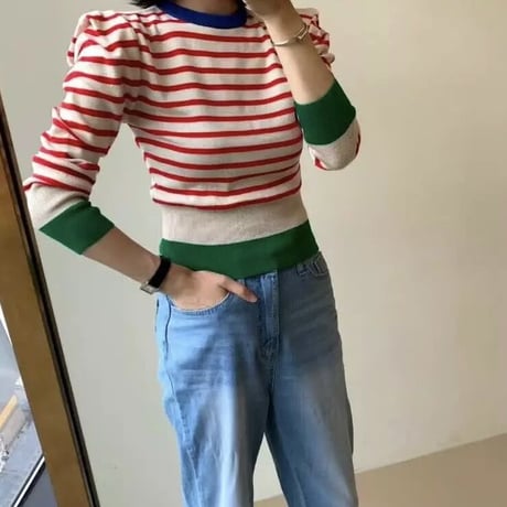 カラーストライプ ショートニット 3色展開