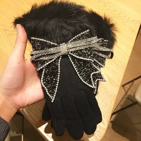 【即納】ビジューリボン ウールカシミヤ手袋