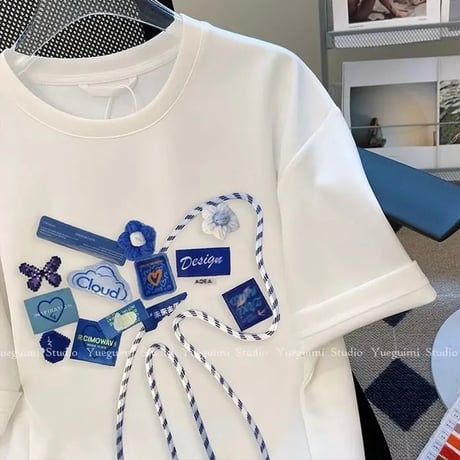 ブルーデザイン コットンTシャツ