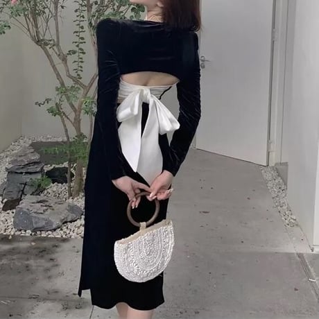 【着丈2種類ロング即納】バックリボン ベロアワンピース