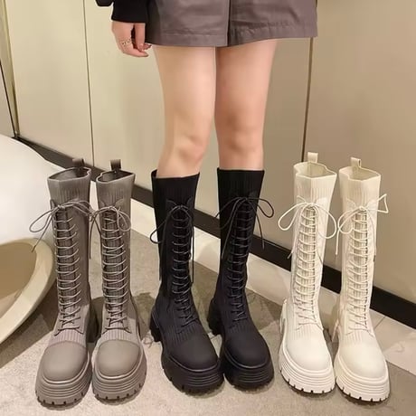 サイドリブニットレースアップブーツ 3色展開