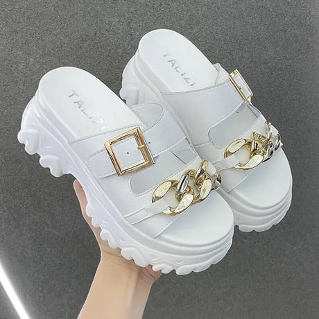 ゴールドチェーンバックル ハイソールサンダル 4色展開
