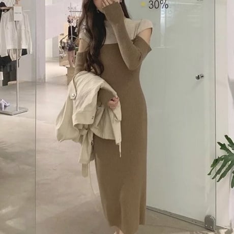 スリーブカット バイカラーニットワンピース 3色展開