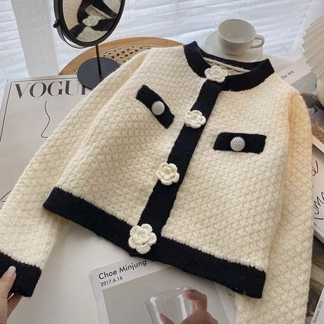 フラワーモチーフ ワッフルカーディガン 2色展開