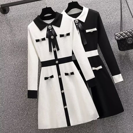 パールビジューリボン バイカラーワンピース 2色展開