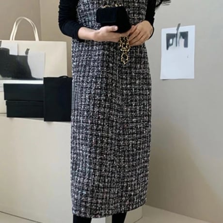 ラメツイード Vネックロングワンピース