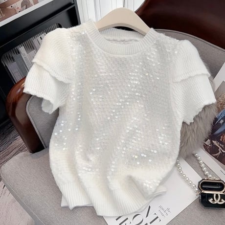 【White即納】フリルスリーブ スパンコールサマーニット 3色展開