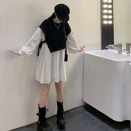 【即納】サイドリボン フェイク2ピースブラウスワンピース