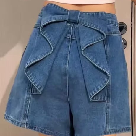 バックリボンタックデニムショートパンツ