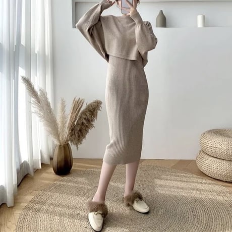リブノースリーブワンピース ニットセット 3色展開