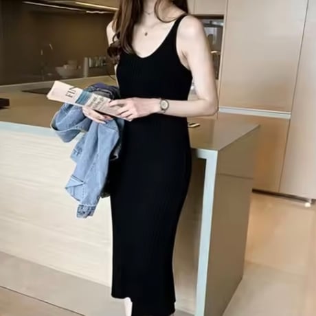 【Black即納】Vネックリブニット ロングワンピース 3色展開