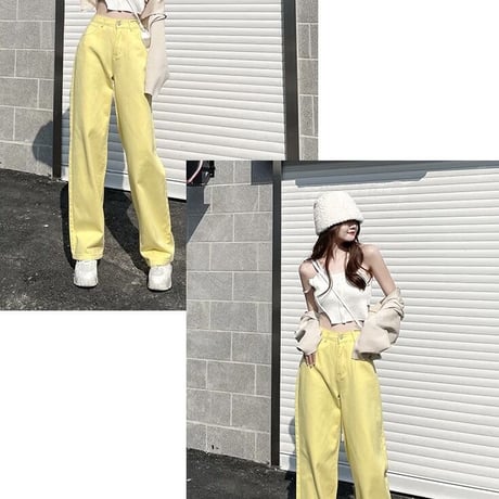 【Yellow XSサイズ即納】ハイウエスト カラーデニムパンツ 4色展開