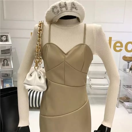 レザーワンピース トップスセット 2色展開