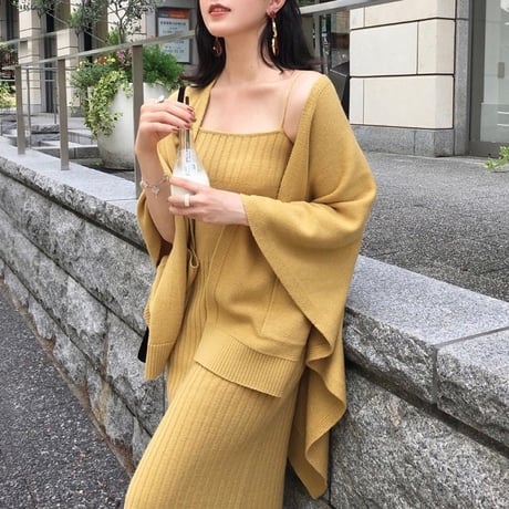 カラーニットワンピース カーディガンセット 4色展開