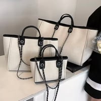 【3サイズ】レザーチェーンキャンバスバッグ 3色展開