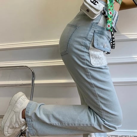 ツイードステッチ ハイウエストデニムパンツ