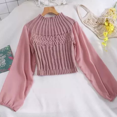 【Apricot即納】シフォンスリーブ ハイネックショートニット 3色展開