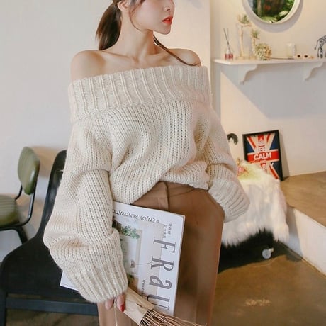 バルーンスリーブ オフショルルーズニット 3色展開