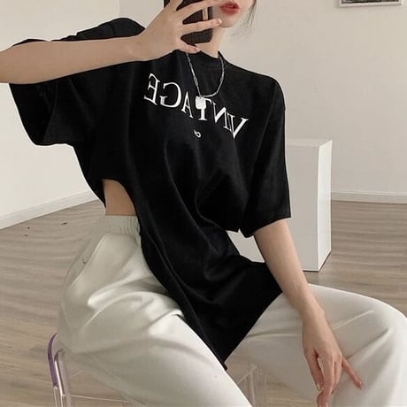 ウエストオープン ロゴオーバーTシャツ 2色展開