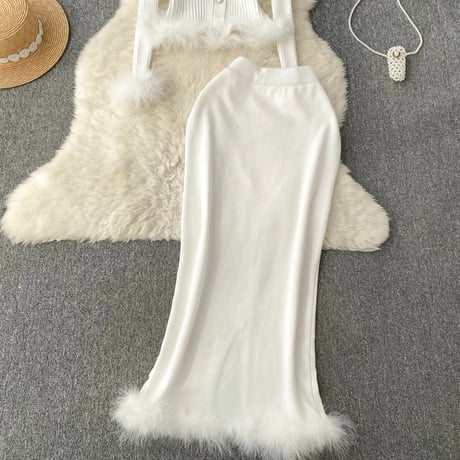 ヘムファーカーディガン スカートセット 4色展開
