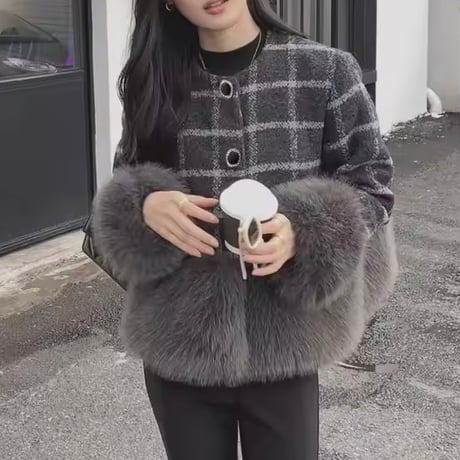ウールチェックファーコート