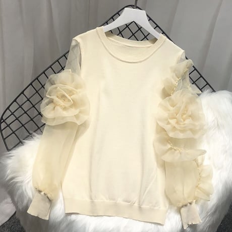 フラワーシースルースリーブ ニット 3色展開