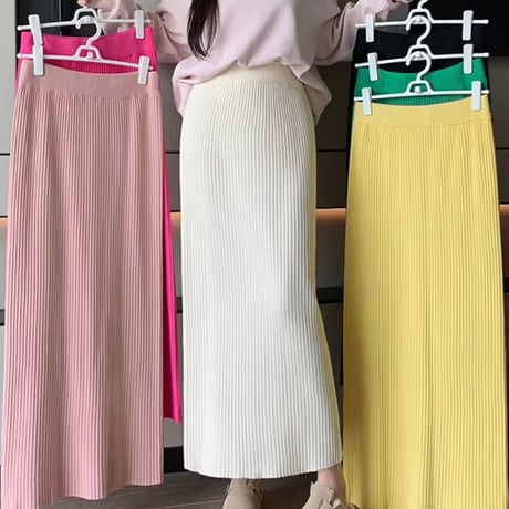 カラーリブニットロングスカート 6色展開