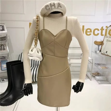 レザーワンピース トップスセット 2色展開