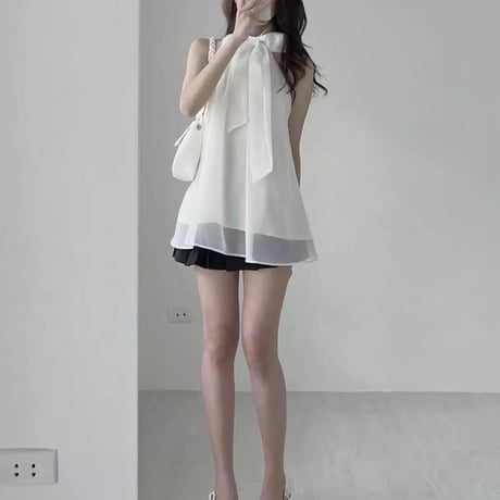 シフォンリボン付き ノースリーブトップス 3色展開