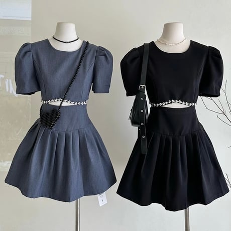 ウエストカット ビジューパフスリーブワンピース 2色展開