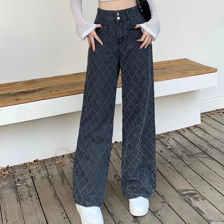 クロスデザイン ハイウエストデニムパンツ 2色展開