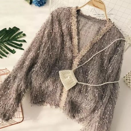 ツイードライン モヘアフリンジカーディガン 3色展開