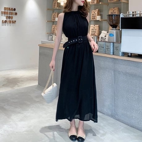 ウエストベルト シフォンノースリーブワンピース 2色展開