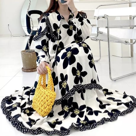 フラワープリント ドットフリルワンピース 2色展開