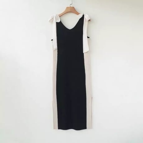 【White即納】ショルダーリボン ラインリブニットワンピース 3色展開