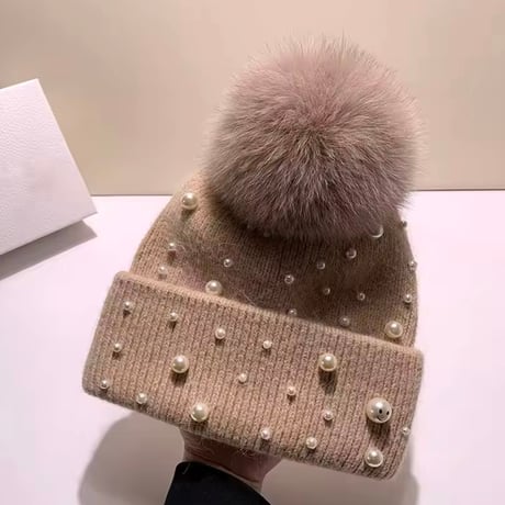 ラビットファーパールニットキャップ 6色展開