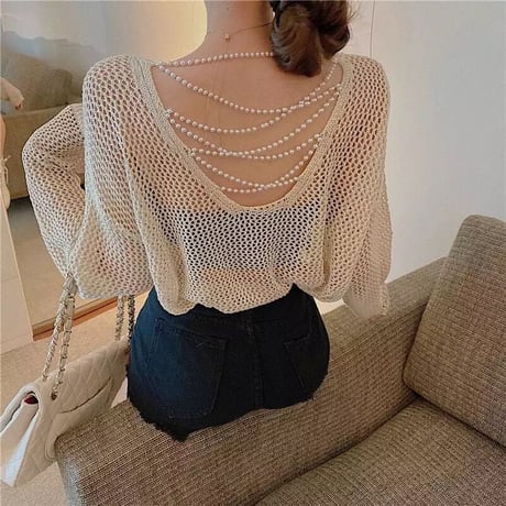 バックパールチェーン メッシュトップス 2色展開