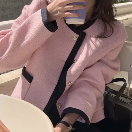 ハートボタン ピンクツイードジャケット