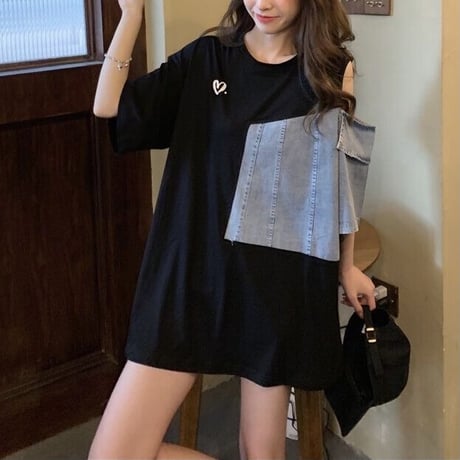 ハートポイント デニムパッチワークTシャツ 2色展開