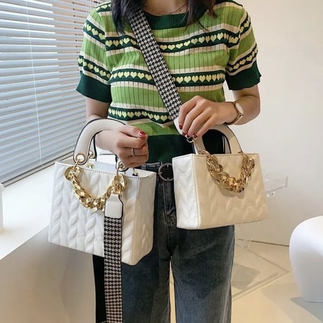 【サイズ2種類】千鳥格子ストラップ スクエアバッグ 9色展開